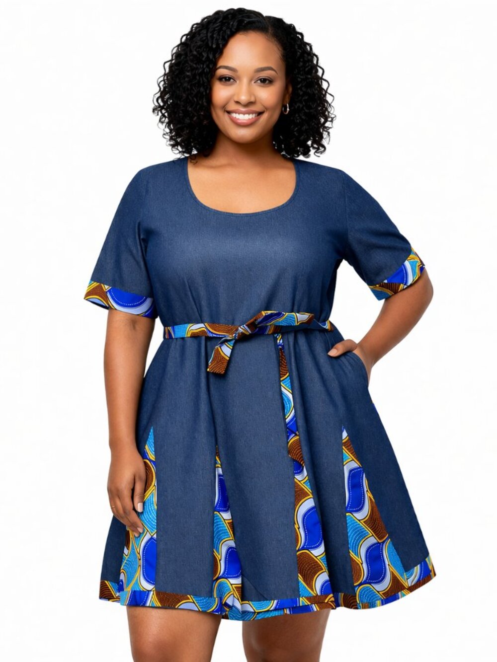 Women's African Denim Print Dress With Belt Cotton African Print Midi Flared